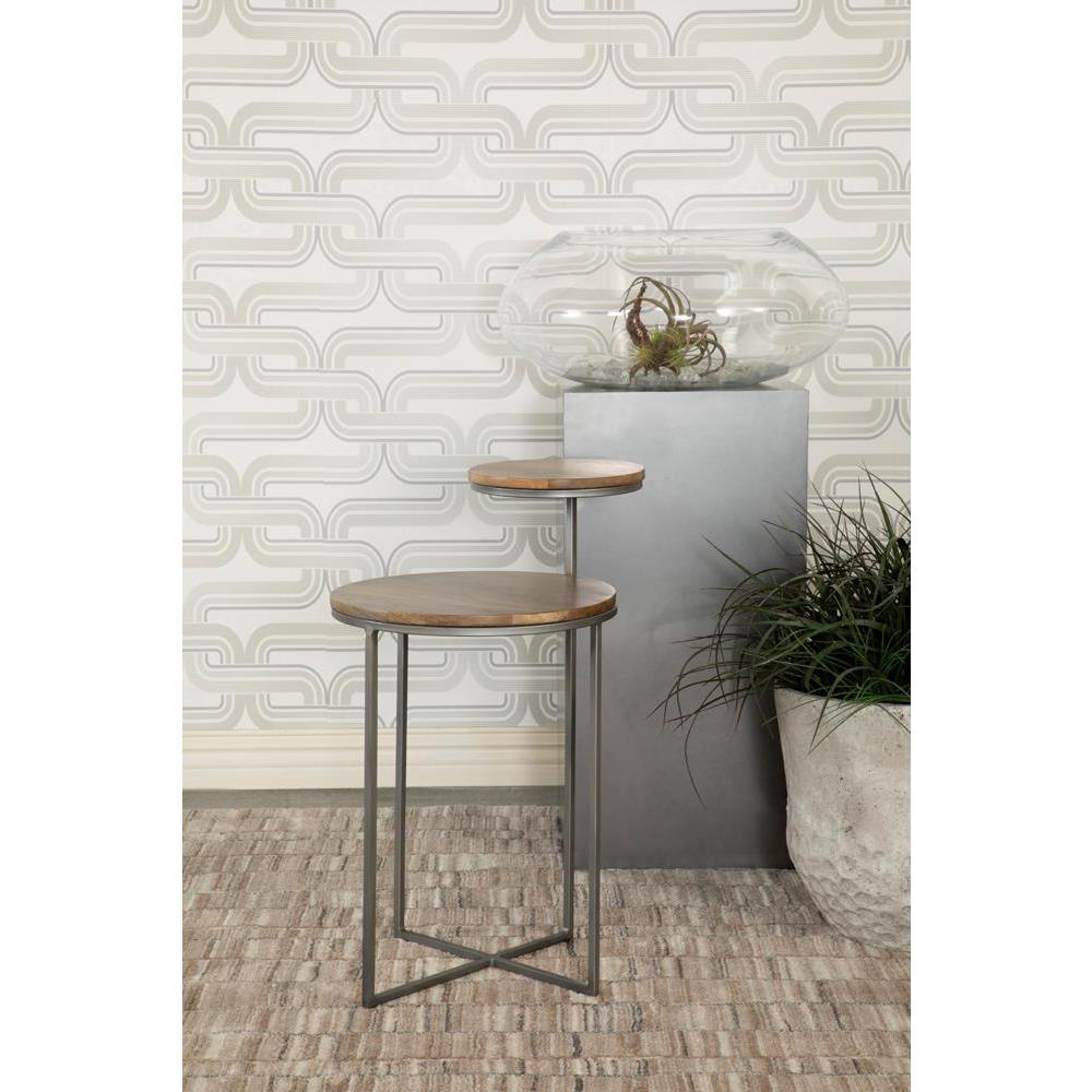 Yael round mango wood accent side table with gunmetal legs, natural finish, modern furniture piece by Start2Finish.
