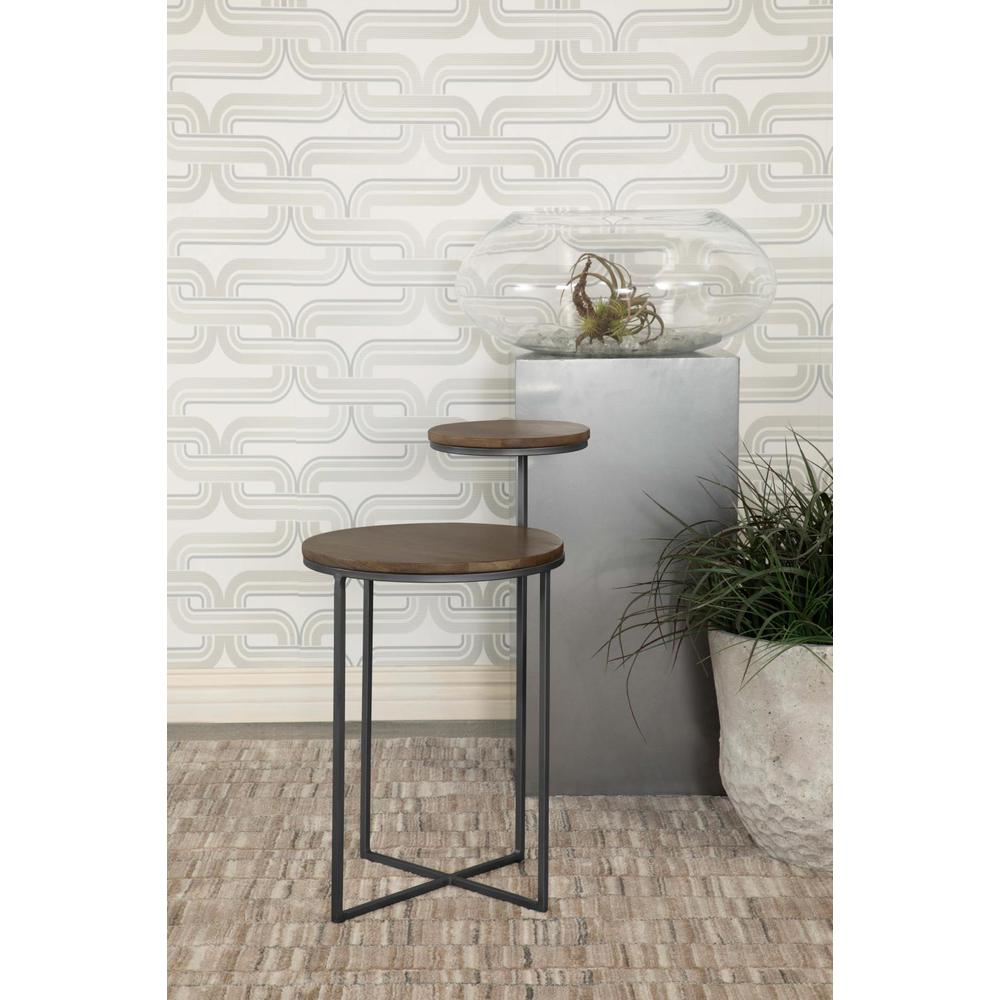 Yael round mango wood accent side table with natural finish and gunmetal legs, modern furniture piece by Start2Finish