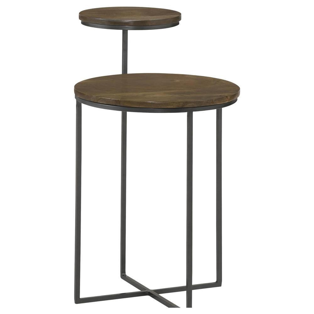Round mango wood accent side table with natural finish and gunmetal legs, modern furniture piece from Start2Finish