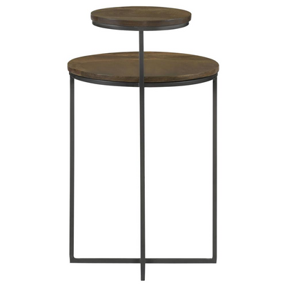 Round mango wood accent side table with natural finish and gunmetal metal base, modern furniture piece by Start2Finish.