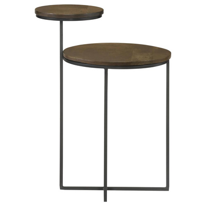 Yael round mango wood accent side table with natural finish and gunmetal legs, modern furniture piece for living room decor.