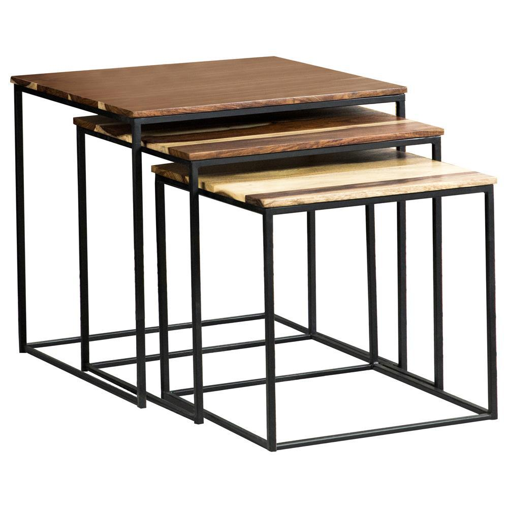 Set of three Belcourt square nesting tables in natural wood and black finish, displayed stacked and arranged on a light background.