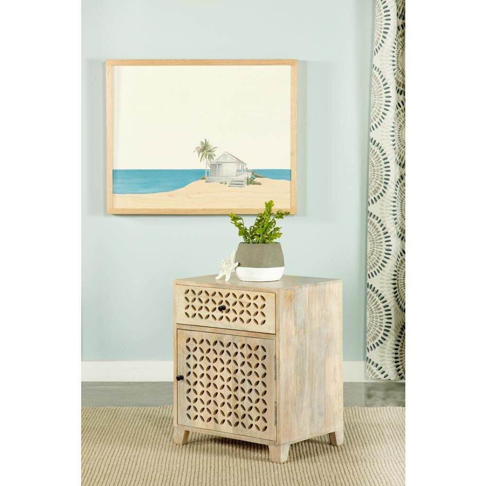 Whitewashed 1-drawer Trellis pattern storage cabinet by Start2Finish, featuring a classic design and functional storage space.