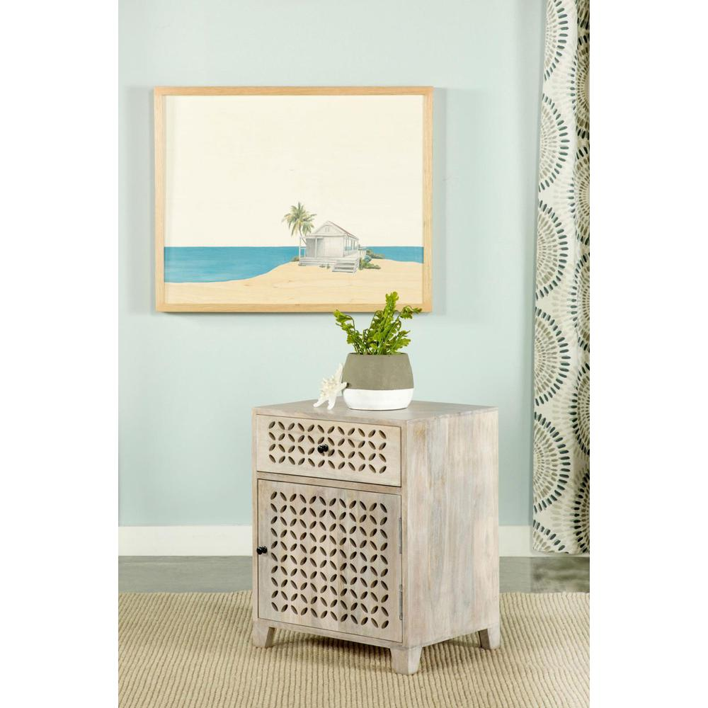 White washed Start2Finish 1-drawer Trellis pattern storage cabinet with a rustic furniture style.
