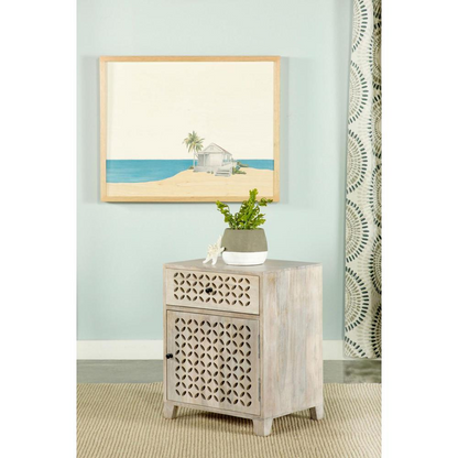White washed Start2Finish 1-drawer Trellis pattern storage cabinet with a rustic furniture style.