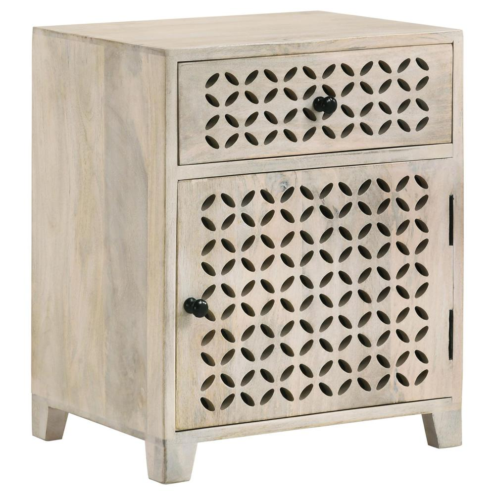 Start2Finish white-washed trellis pattern storage cabinet with one drawer, showcasing its decorative design and functional furniture style.