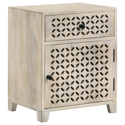 Start2Finish white-washed trellis pattern storage cabinet with one drawer, showcasing its decorative design and functional furniture style.