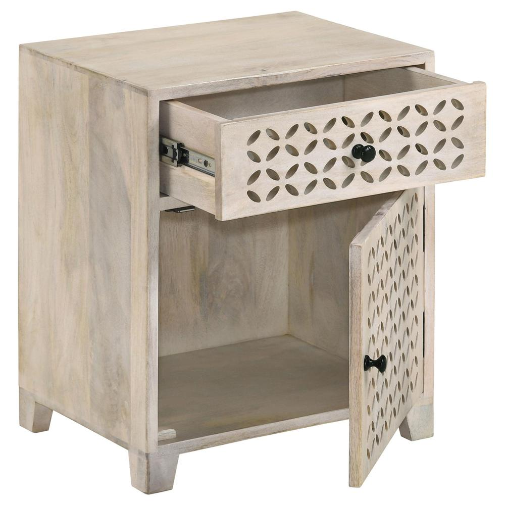 White Washed August 1-drawer Trellis Pattern Storage Cabinet by Start2Finish, featuring a stylish furniture design with a single drawer.