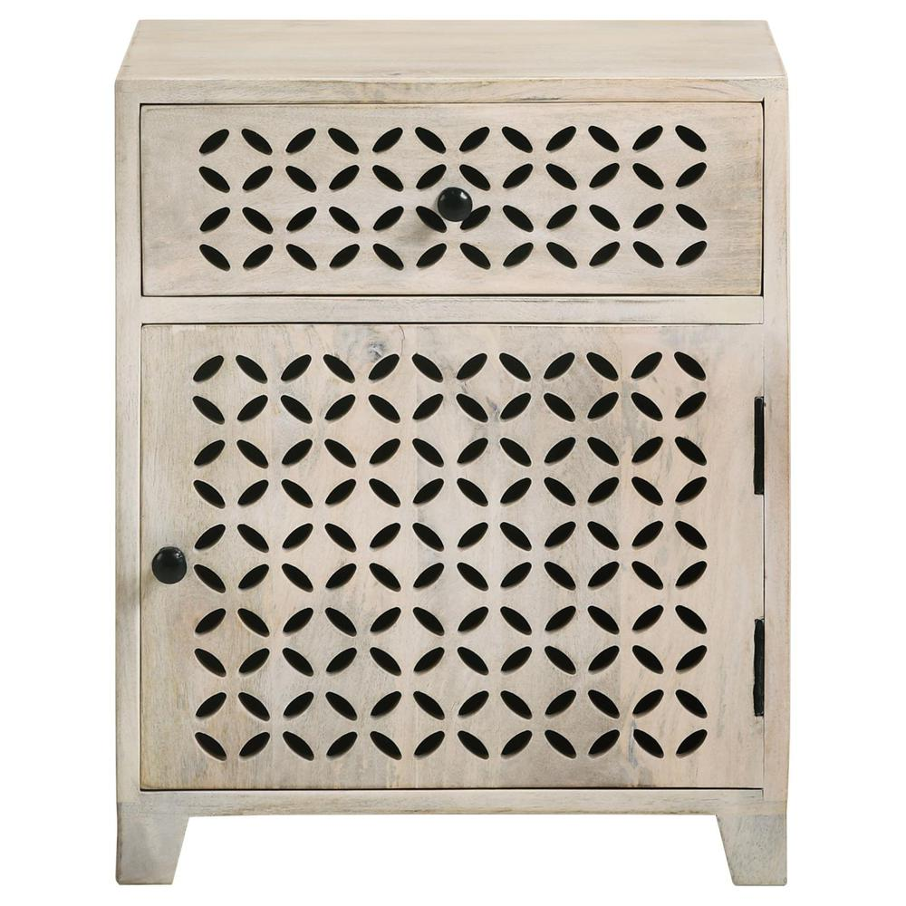 Start2Finish whitewashed 1-drawer trellis pattern storage cabinet, showcasing its elegant furniture design and detailed wood finish.