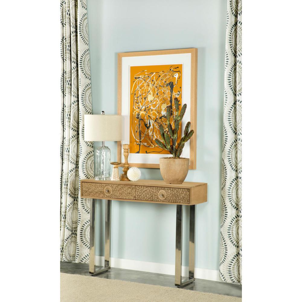 Start2Finish Draco 2-drawer console table with hand-carved details in natural wood finish, showcasing elegant craftsmanship and design.