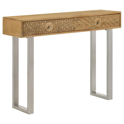 Start2Finish Draco 2-drawer console table with hand-carved details in natural finish, showcasing elegant craftsmanship and storage space.