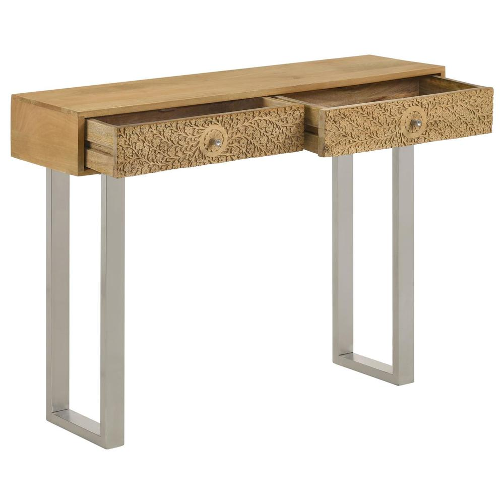 Start2Finish Draco 2-drawer console table with hand-carved details in natural wood finish, showcasing elegant craftsmanship.