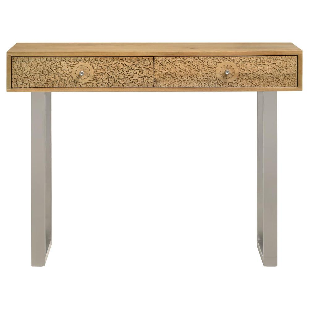 Start2Finish Draco 2-drawer console table with hand-carved details in natural wood finish, showcasing elegant craftsmanship and storage.