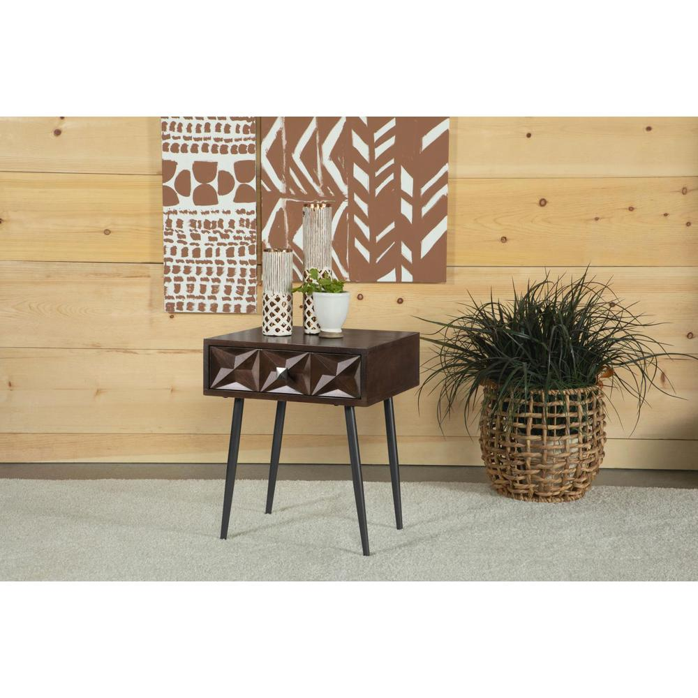 Start2Finish Ezra 1-drawer rectangular accent side table in coffee brown with clean lines and smooth finish.