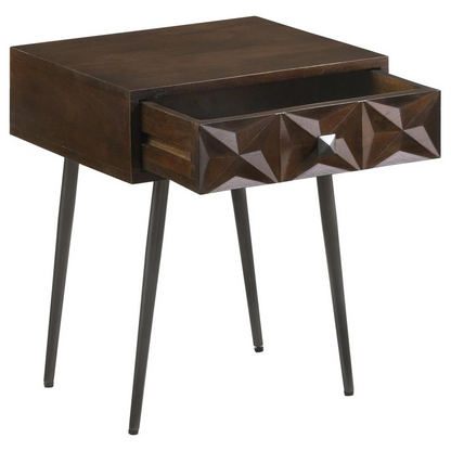 Start2Finish Ezra rectangular accent side table with single drawer in coffee brown, showcasing smooth wood finish and modern design.