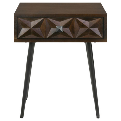 Start2Finish Ezra coffee brown rectangular accent side table with a single drawer, ideal for living room decor.