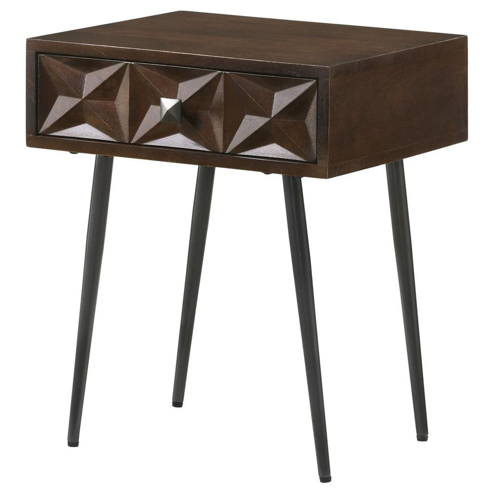 Coffee brown Ezra 1-drawer rectangular accent side table by Start2Finish, showcasing smooth wood finish and modern design.