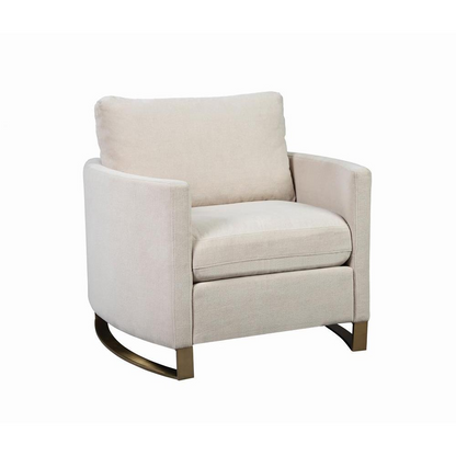 Beige Corliss upholstered arched arm accent chair by Start2Finish with plush cushioning and wooden legs, stylish home furniture piece.