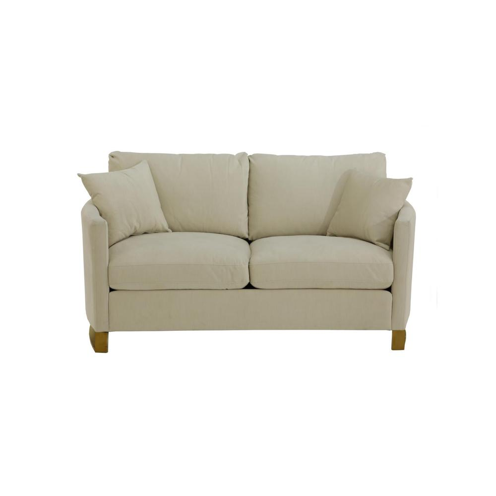 Corliss beige upholstered arched arm loveseat by Start2Finish, featuring plush cushioning and stylish design for living room comfort.