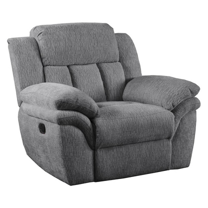 Bahrain upholstered power glider recliner in charcoal fabric, cushioned armrests, and sturdy base, by Start2Finish furniture.