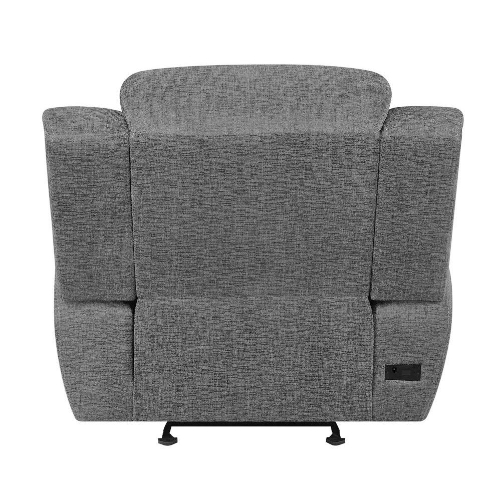 Start2Finish Bahrain charcoal upholstered power glider recliner with plush fabric and modern design, perfect for comfortable living rooms.