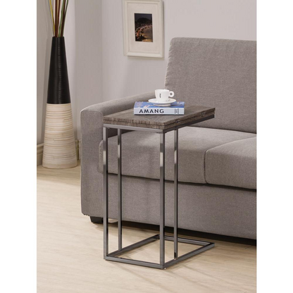 Weathered grey Pedro expandable C-shaped sofa side table by Start2Finish, showcasing its compact and adjustable design.