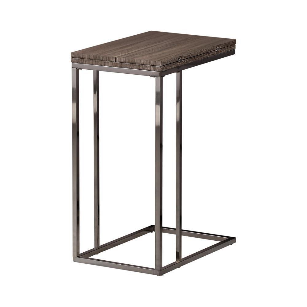 Weathered grey Pedro expandable C-shaped sofa side table by Start2Finish, showing its compact and versatile design for living rooms.