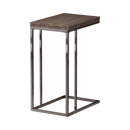 Weathered grey Pedro expandable C-shaped sofa side table by Start2Finish, showing its compact and versatile design for living rooms.