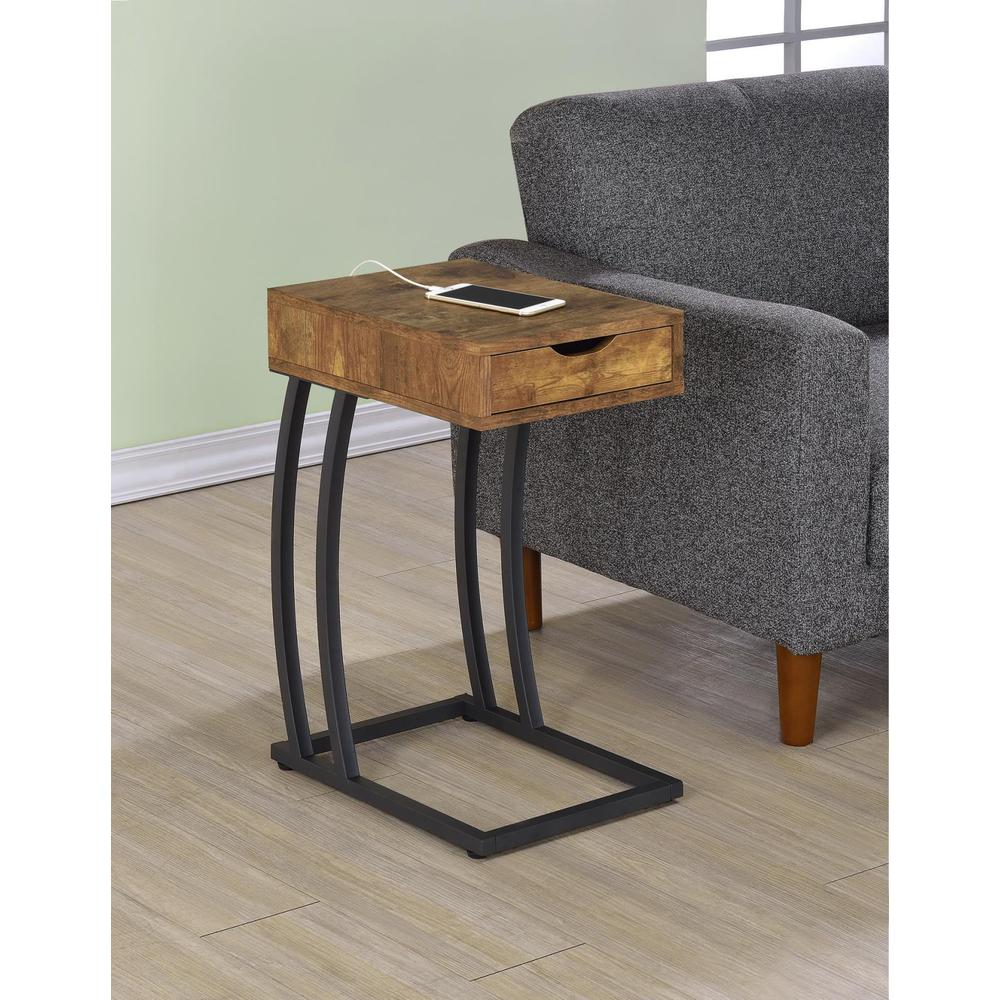 Start2Finish Troy C-shaped side table with single drawer and power outlet in rustic nutmeg finish, showcasing its compact design.