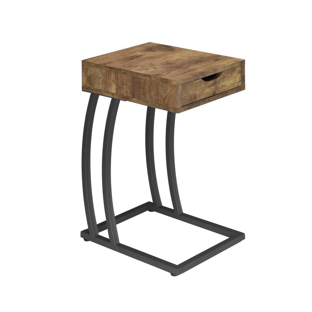 Rustic Nutmeg Troy 1-drawer C-shaped side table with built-in power outlet, made by Start2Finish furniture.