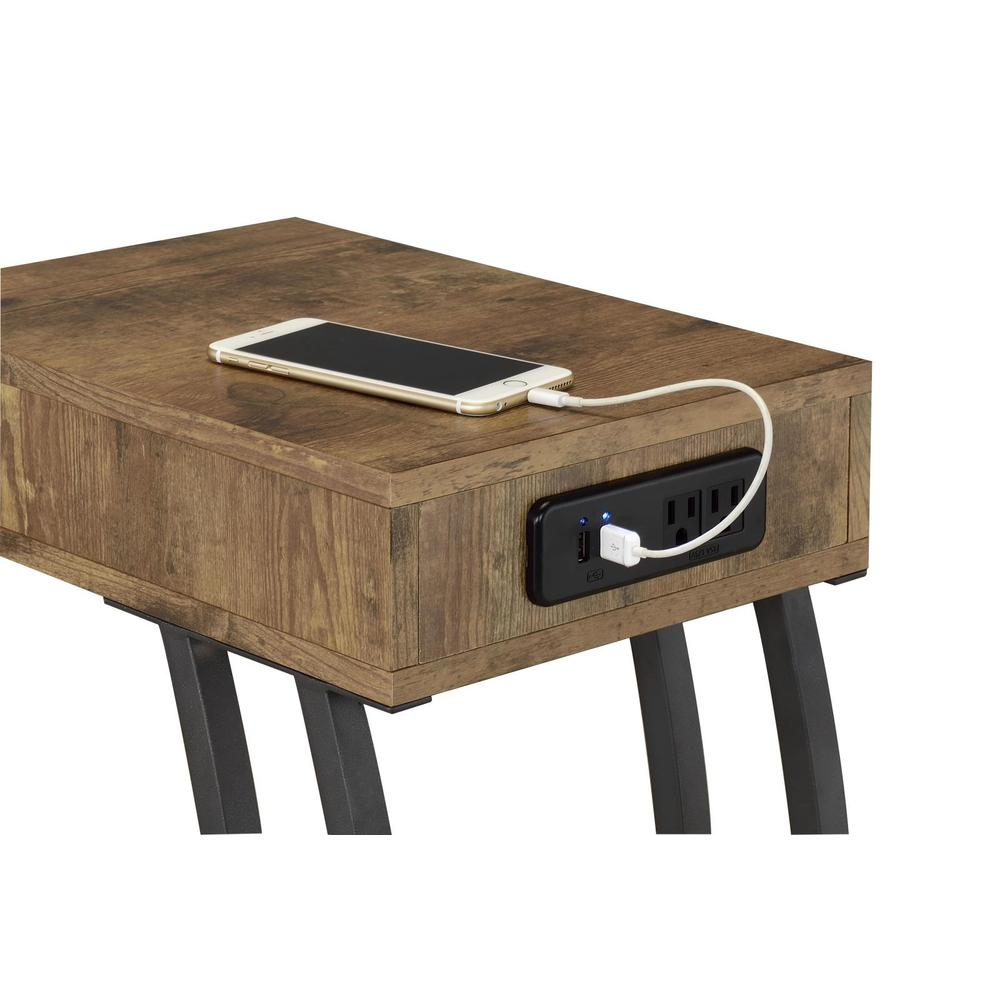 Rustic Nutmeg Troy 1-drawer C-shaped side table by Start2Finish with built-in power outlet, showcasing wooden finish and compact design.