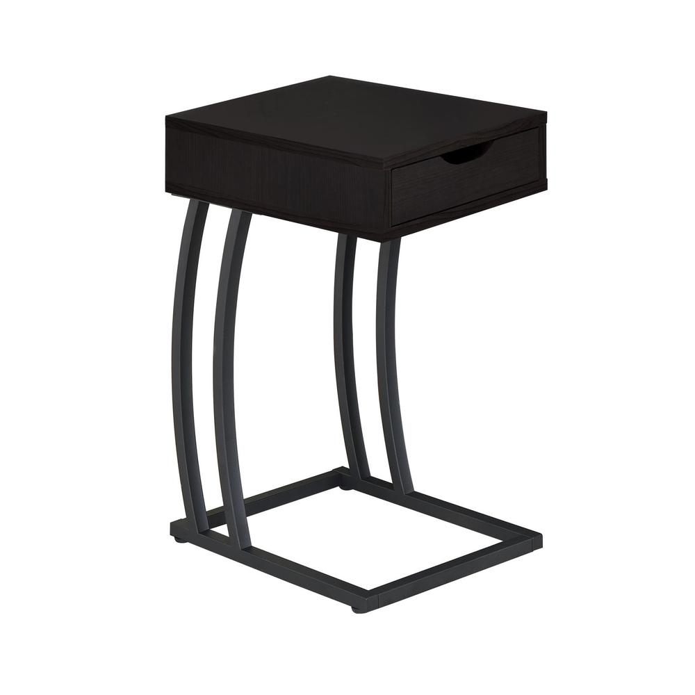 Start2Finish Troy C-Shaped side table with one drawer and built-in power outlet in cappuccino finish, showcasing compact furniture design.