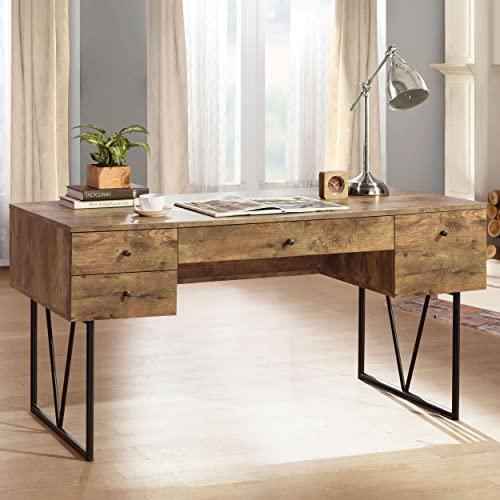 Rustic Nutmeg Analiese 63-inch 4-drawer writing desk from Start2Finish with wood grain finish and sleek drawer handles.