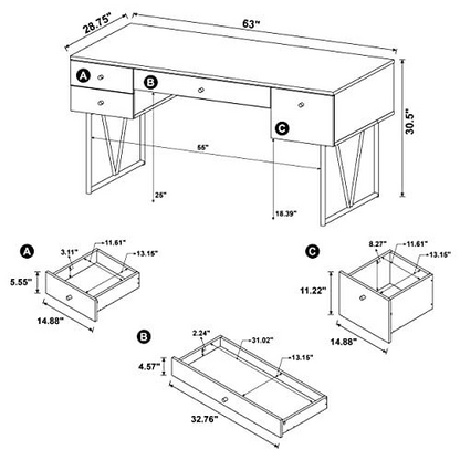 Rustic Nutmeg Analiese 63-inch writing desk with four drawers, showcasing wood grain and sturdy furniture design.
