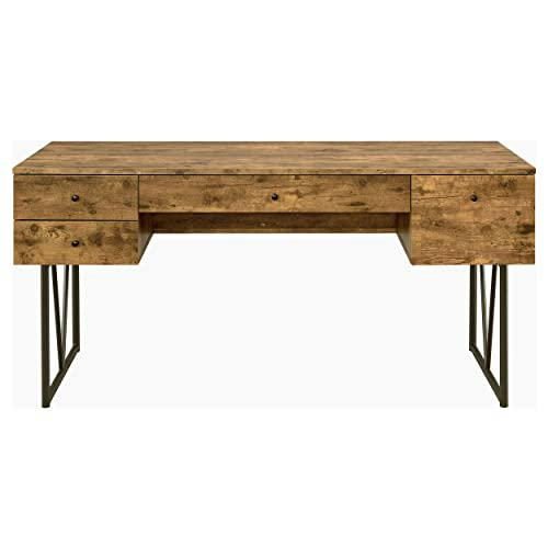 Rustic Nutmeg Analiese 63-inch 4-drawer writing desk by Start2Finish, showcasing wooden surface and spacious storage drawers.