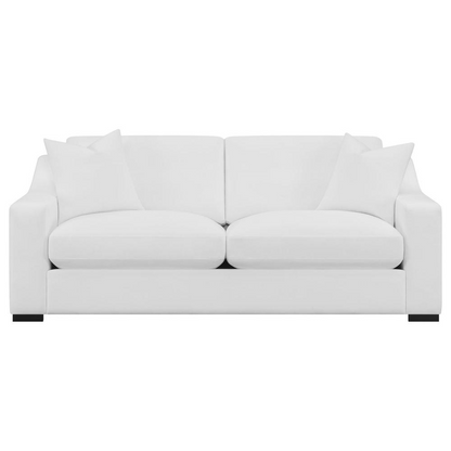 Start2Finish Ashlyn 2-piece upholstered sofa set with sloped arms in white fabric, featuring plush cushions and modern design.
