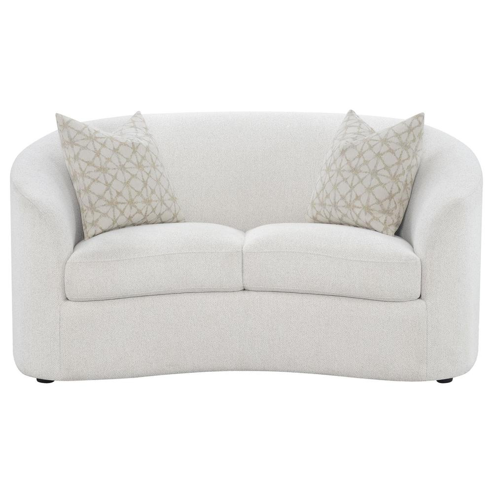 Start2Finish Rainn 3-piece boucle upholstered sloped arm sofa set in latte, featuring plush cushions and modern furniture design.