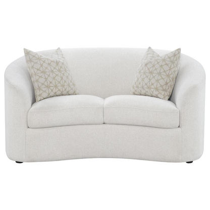 Start2Finish Rainn 3-piece boucle upholstered sloped arm sofa set in latte, featuring plush cushions and modern furniture design.