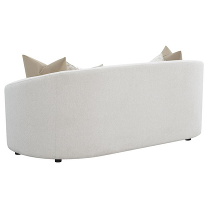 Rainn 2-piece boucle upholstered sloped arm sofa set in latte, featuring plush cushions and contemporary design from Start2Finish.