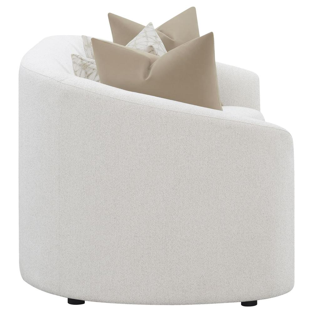 Start2Finish Rainn 2-piece boucle upholstered sloped arm sofa set in latte color, featuring plush cushions and sleek design.