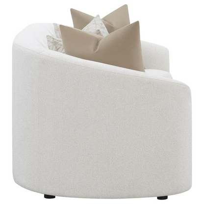 Start2Finish Rainn 2-piece boucle upholstered sloped arm sofa set in latte color, featuring plush cushions and sleek design.