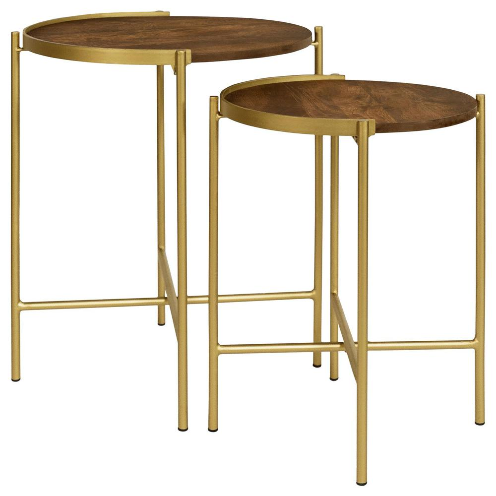 Start2Finish Malka 2-piece round wood nesting tables with dark brown finish and gold accents, versatile living room side tables.