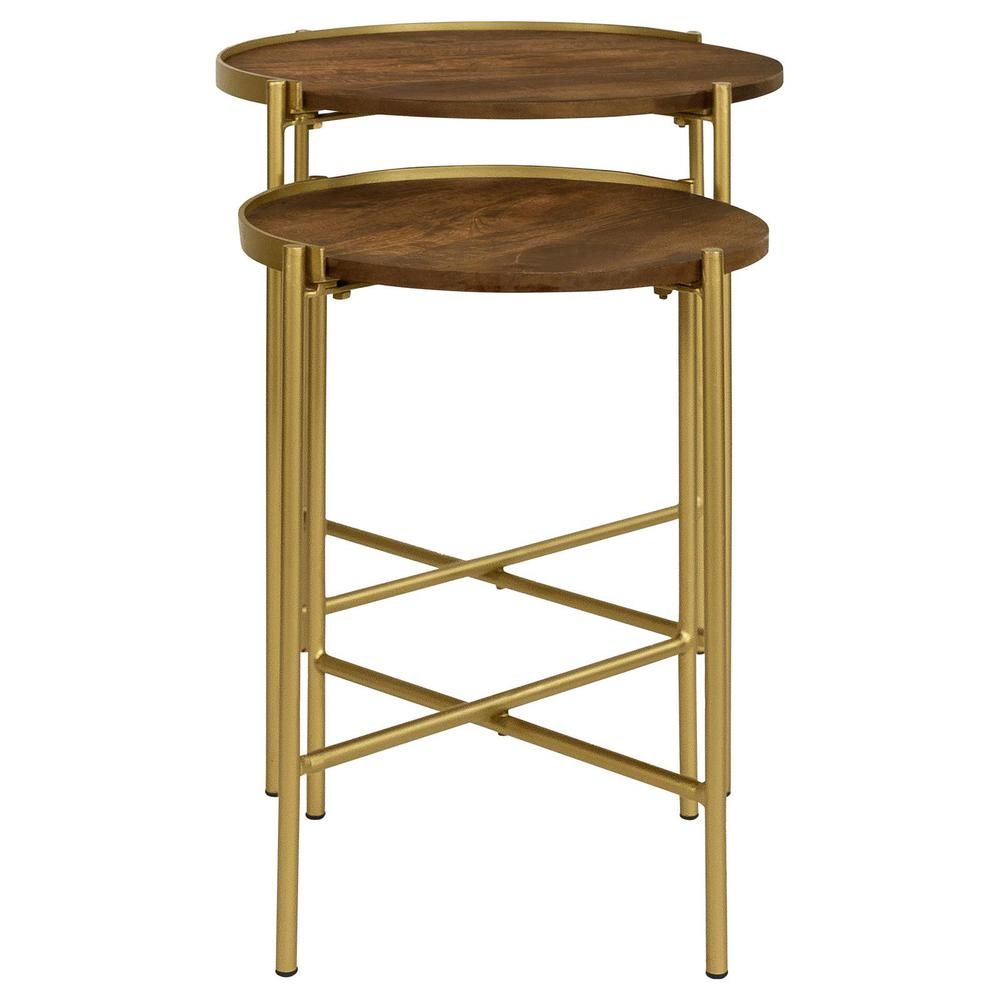 Start2Finish Malka 2-piece round wood nesting tables in dark brown with gold accents, showcasing their stylish, compact design.