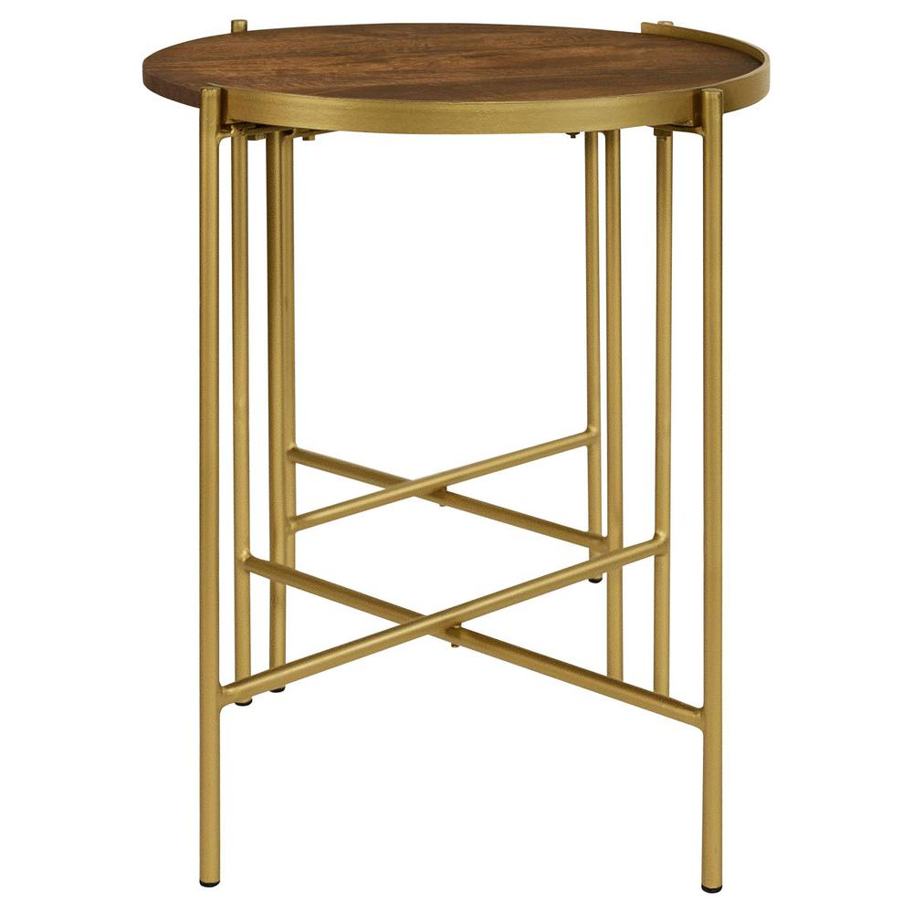 Start2Finish Malka 2-piece round wood nesting tables in dark brown with gold accents, showing their sleek, modern design.