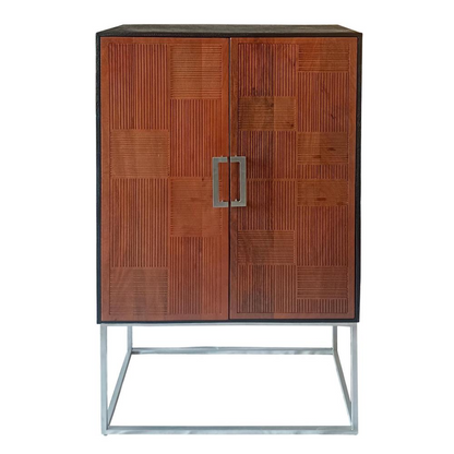 Borman 2-door home bar cabinet with wine storage, walnut and black finish, featuring shelves and storage space for bottles and glassware.