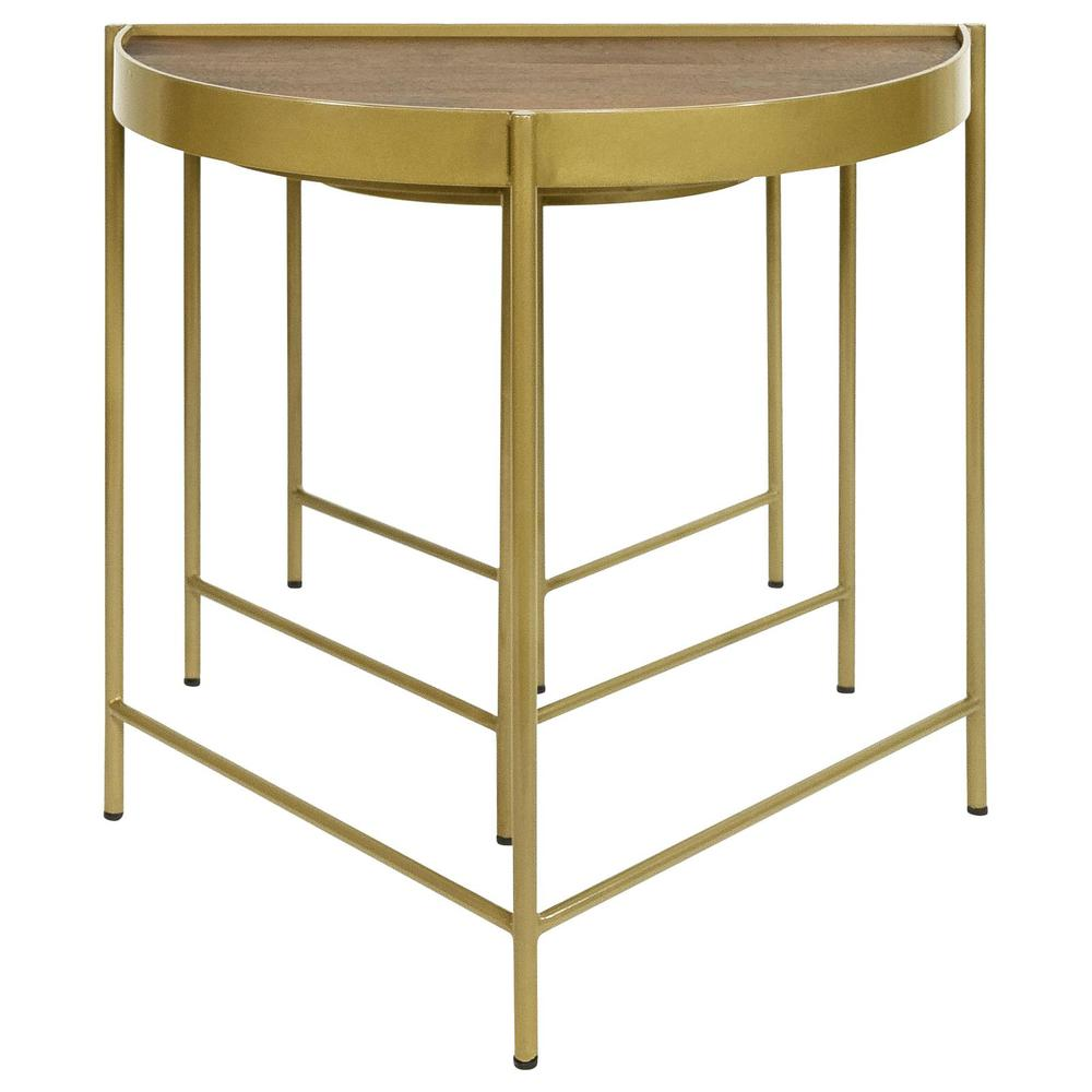 Set of three brown and gold demilune nesting tables from Start2Finish, showcasing sleek furniture design and compact arrangement.