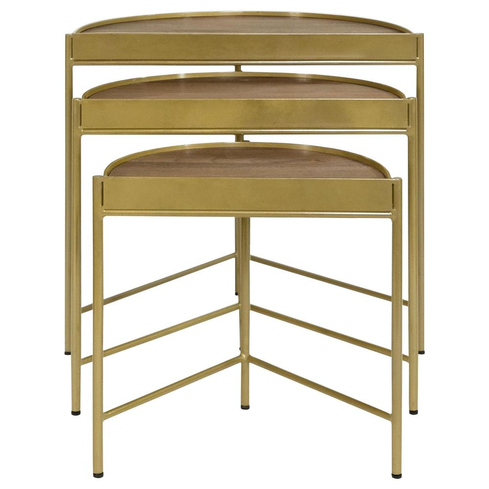 Three brown and gold Tristen 3-piece demilune nesting tables from Start2Finish, showing their elegant curved design and metallic finish.