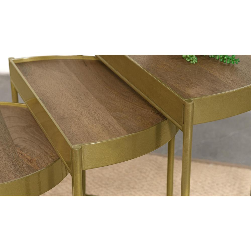 Set of three brown and gold Tristen demilune nesting tables by Start2Finish, showcasing curved design and sleek metal legs.