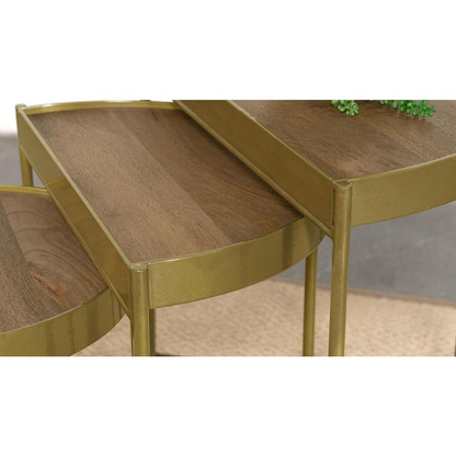 Set of three brown and gold Tristen demilune nesting tables by Start2Finish, showcasing curved design and sleek metal legs.