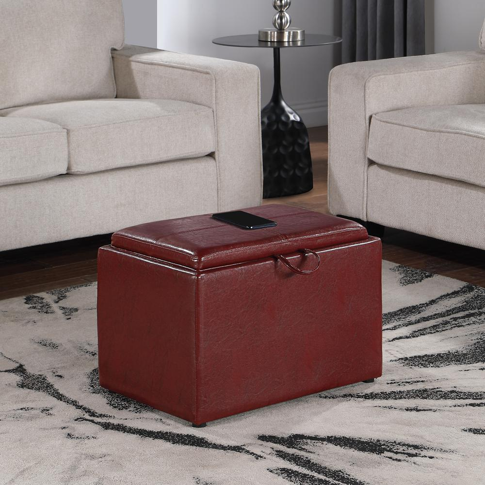 Start2Finish Designs4Comfort accent storage ottoman with reversible tray, showing plush fabric and sturdy wooden legs.